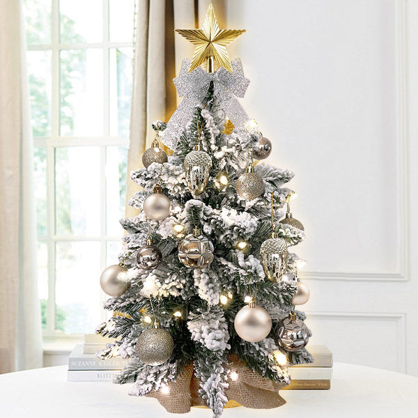 2ft Mini Christmas Tree With Light Artificial Small Tabletop Christmas Decoration With Flocked Snow, Exquisite Decor & Xmas Ornaments For Table Top For Home & Office, Rose Gold