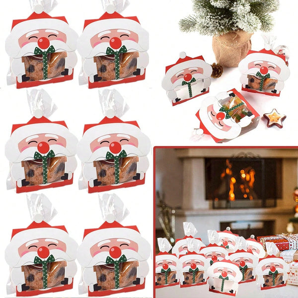 8 Pcs Mini Christmas Treat Boxes With Cellophane Bags And Twist Ties Cartoon Santa Claus Design Gift Box Cute Paper Merry Christmas Baking Packing Bags For Xmas Holiday Party Supplies